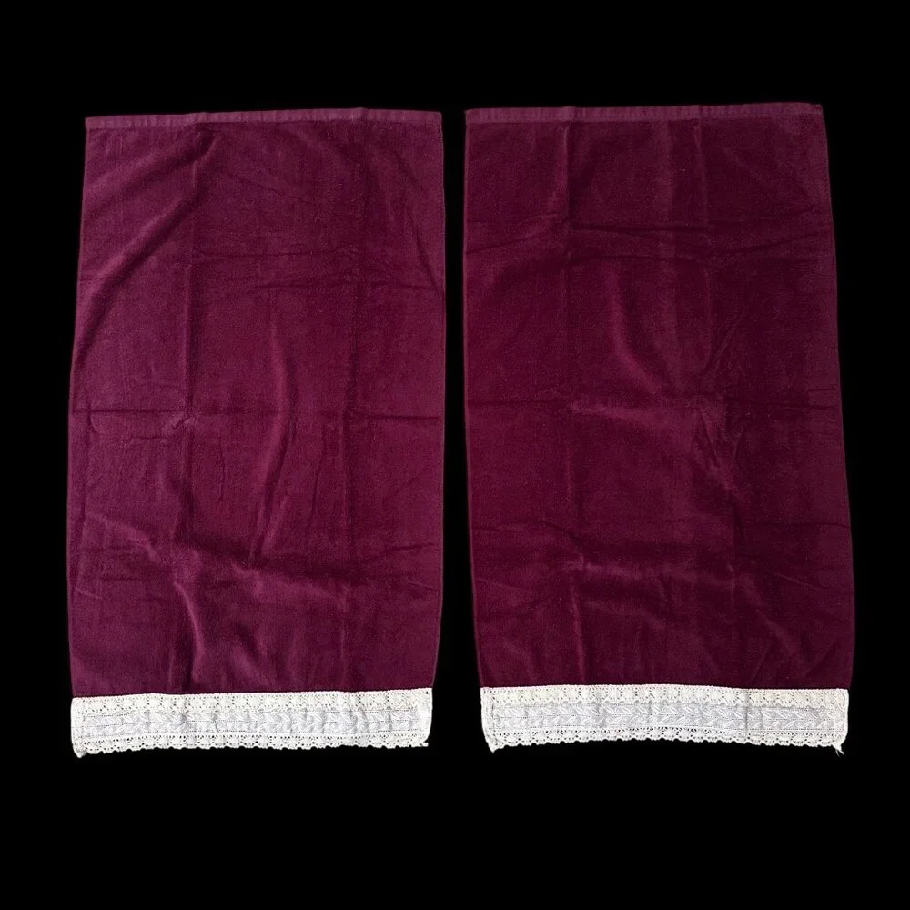 Vintage Towel Set 1990s Burgundy Lace Trim Bath Towels Hand Towel Washcloths